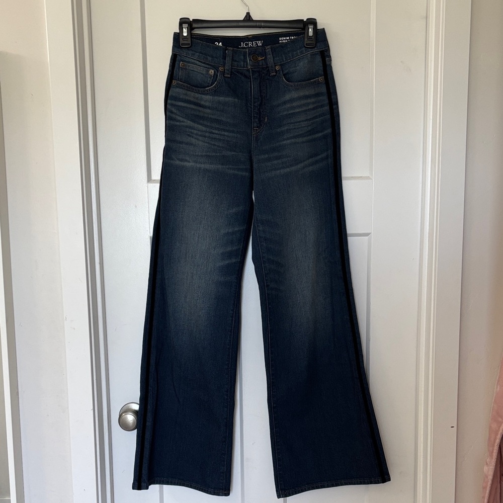 J.Crew Dark Indigo Denim Trouser Wide-Leg Jeans with velvet side stripe